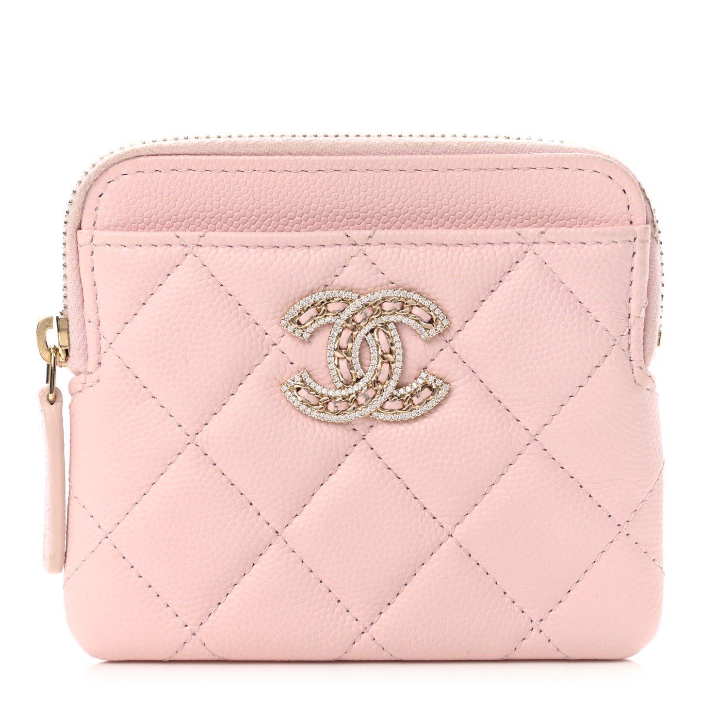 Caviar Quilted Crystal Zip Card Holder Wallet Light Pink