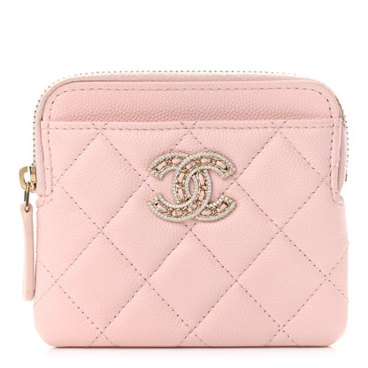 Chanel Caviar Quilted Crystal Zip Card Holder Wallet Light Pink 1 of 8