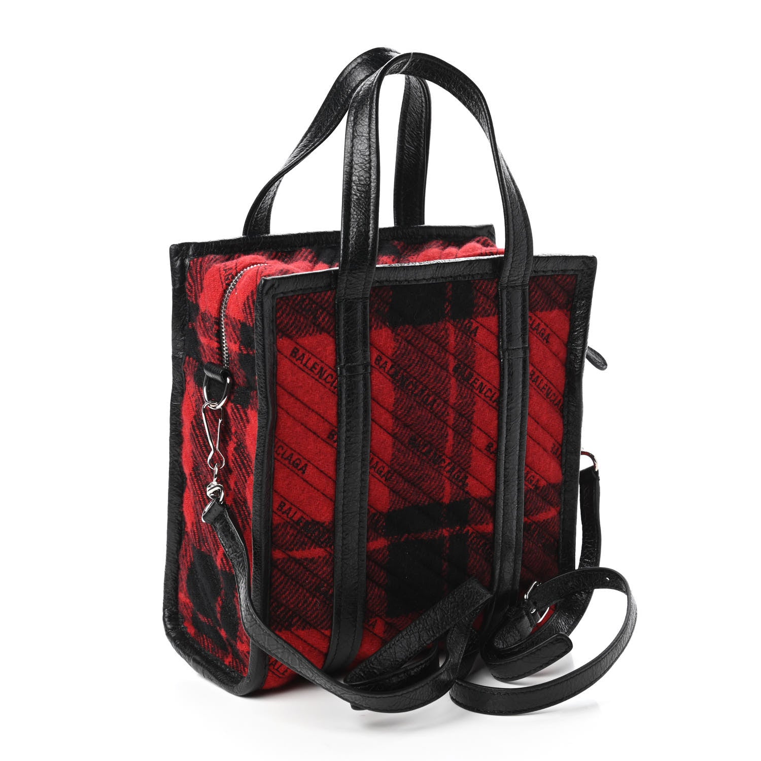 Balenciaga Wool Cuir Arena Plaid Diagonal Allover Logo Matelasse XS Bazar Shopper Tote Red Black 3 of 9