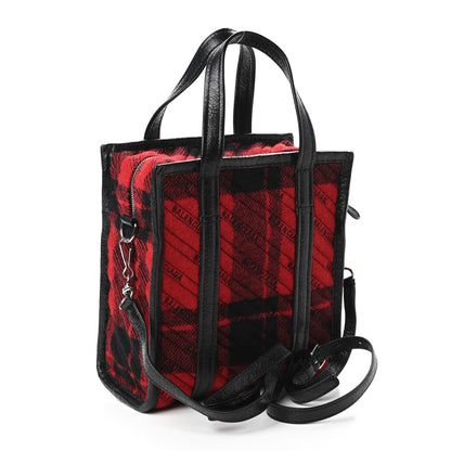 Balenciaga Wool Cuir Arena Plaid Diagonal Allover Logo Matelasse XS Bazar Shopper Tote Red Black 3 of 9