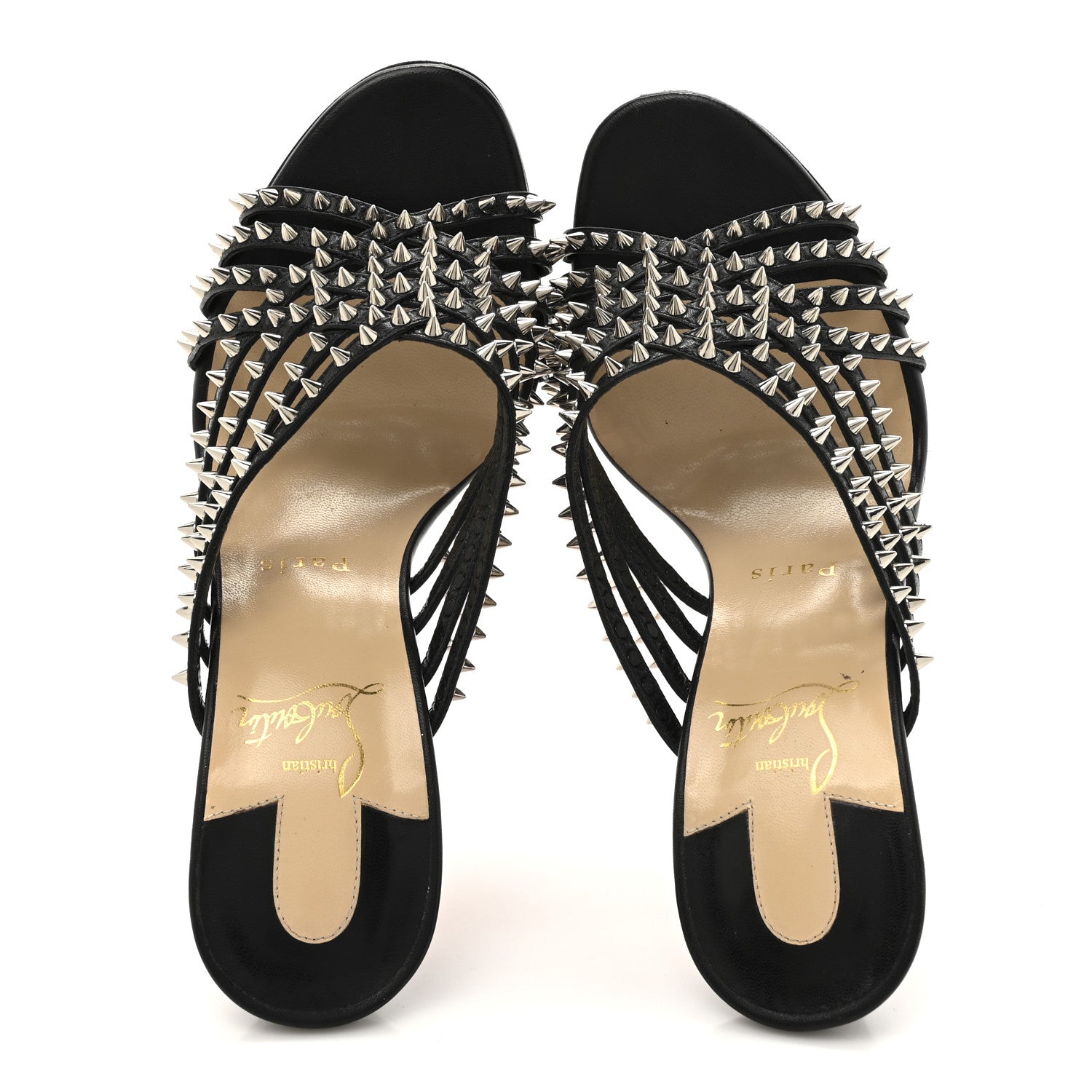Christian Louboutin Kid Studded Marthaspike 100 Slide Sandals 37.5 Black Silver 2 of 11