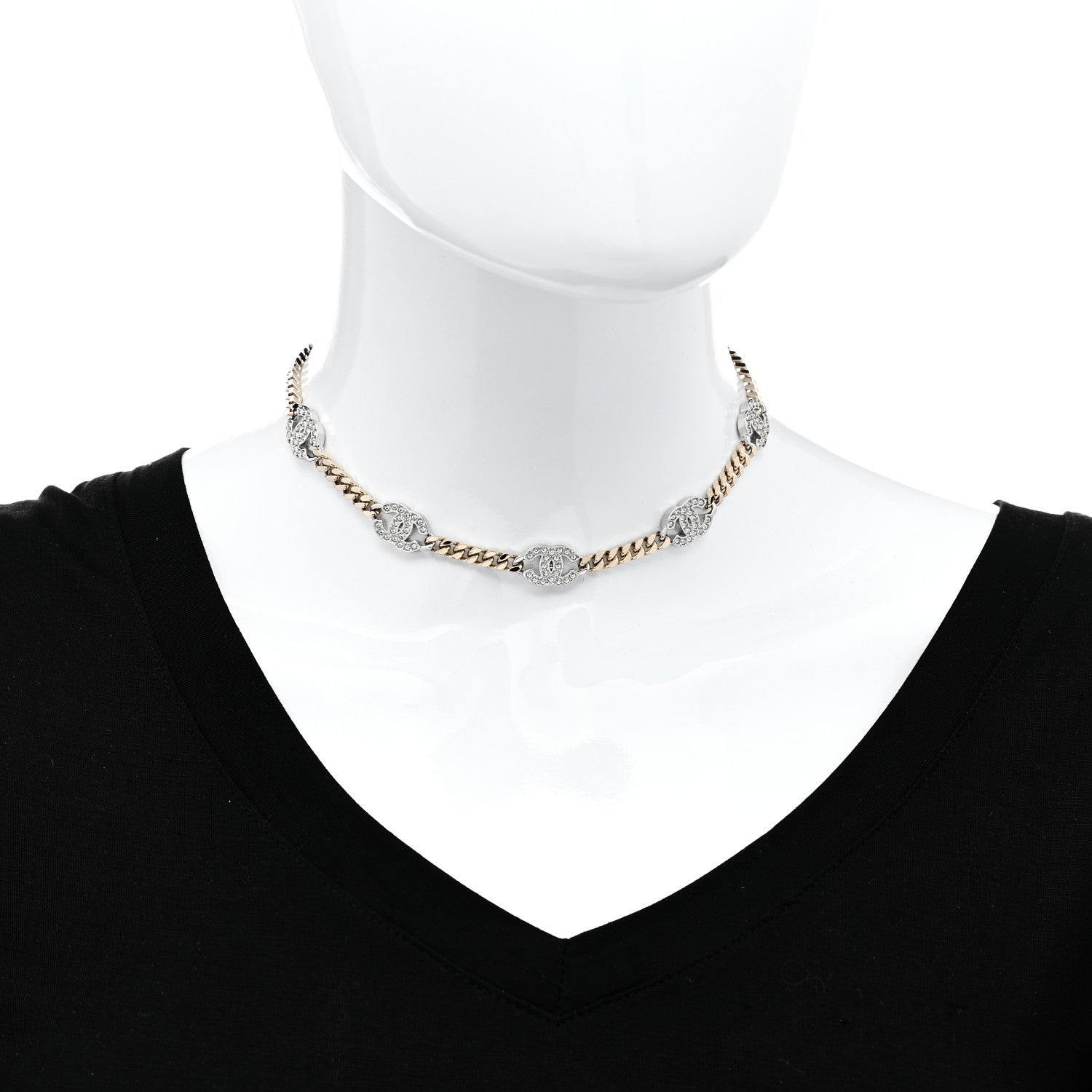 Chanel Crystal Chain CC Link Choker Gold Silver 2 of 6