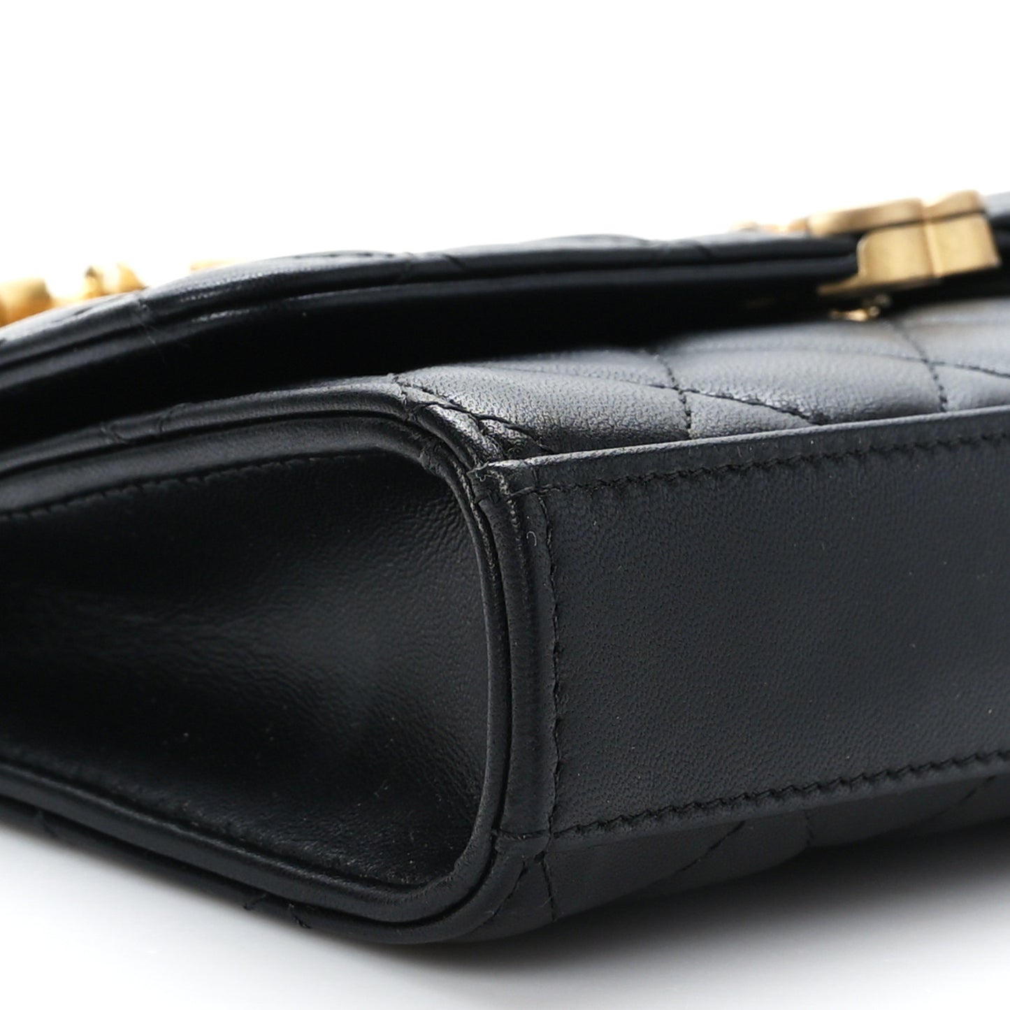 Lambskin Enamel Quilted Top Handle Flap Phone Holder With Chain Black