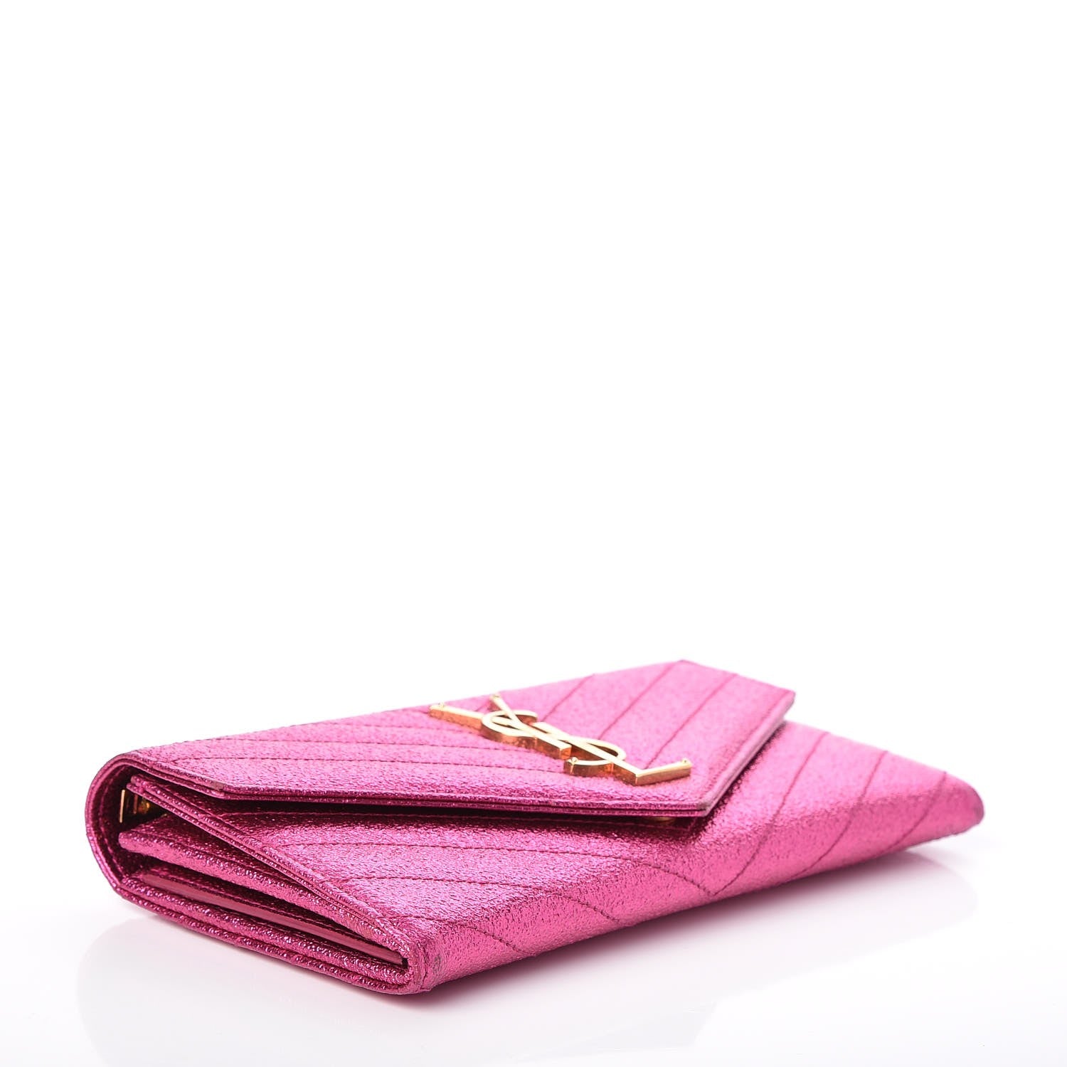 Saint Laurent Metallic Crackled Calfskin Matelasse Chevron Monogram Flap Wallet Fuchsia 4 of 9