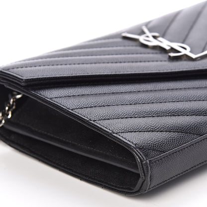 Saint Laurent Grain De Poudre Matelasse Chevron Medium Monogram Chain Wallet Black 9 of 10