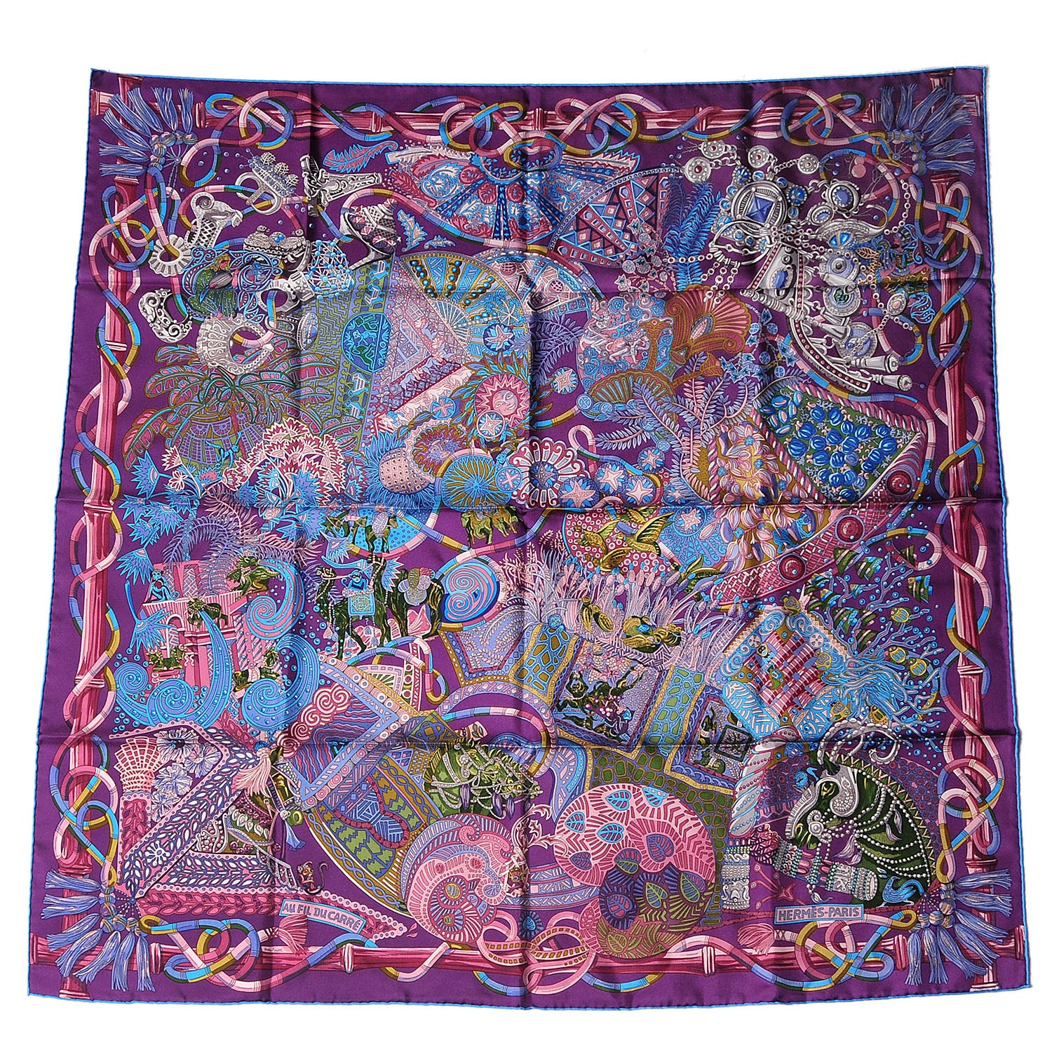 Hermes Silk Au Fil Du Carre Scarf 90 Violet Vieux Rose Vert 2 of 7