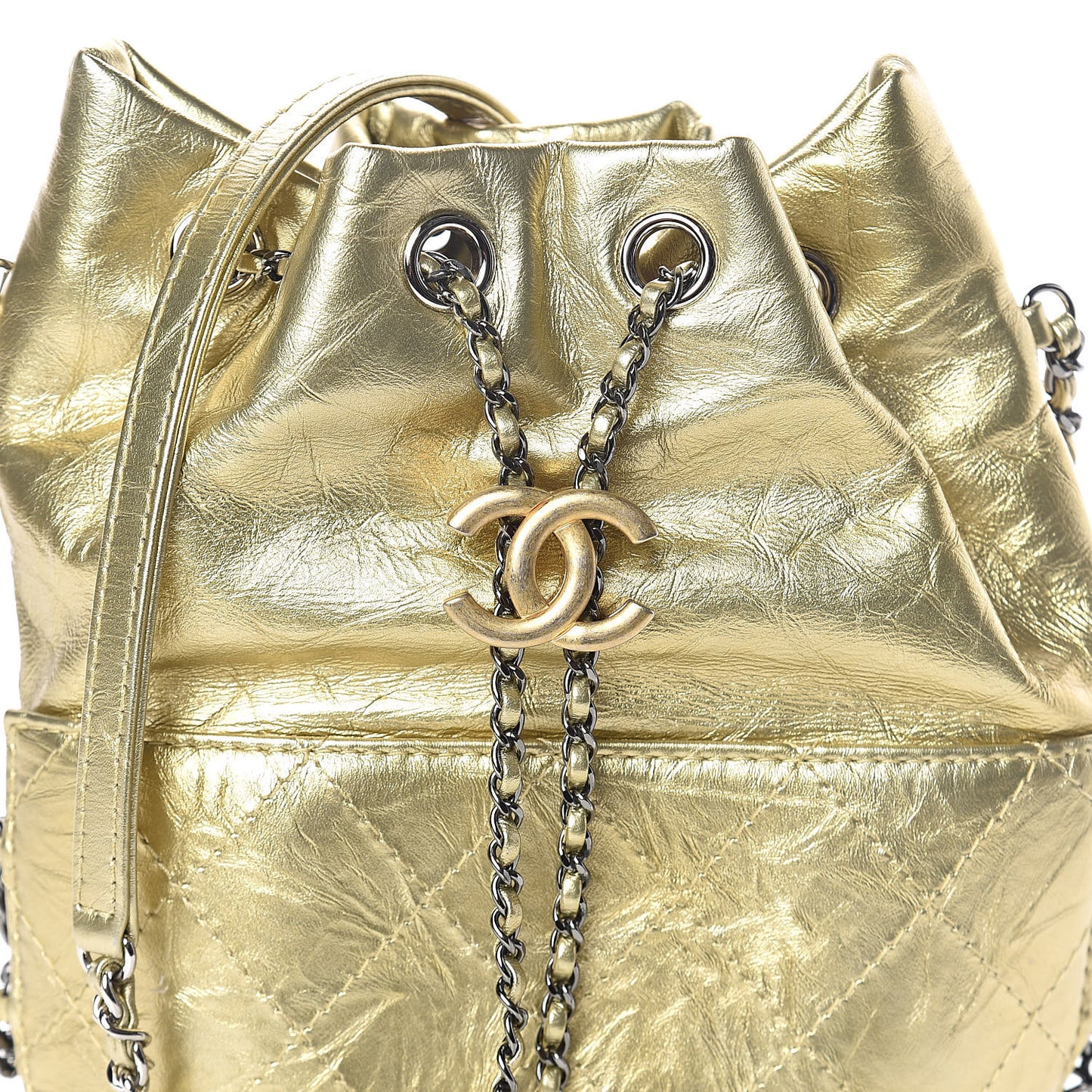 Metallic Aged Calfskin Quilted Small Gabrielle Bucket Gold