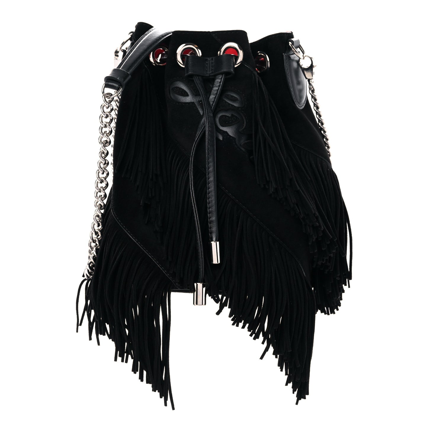 Suede Calfskin Fringe Marie Jane Bucket Black
