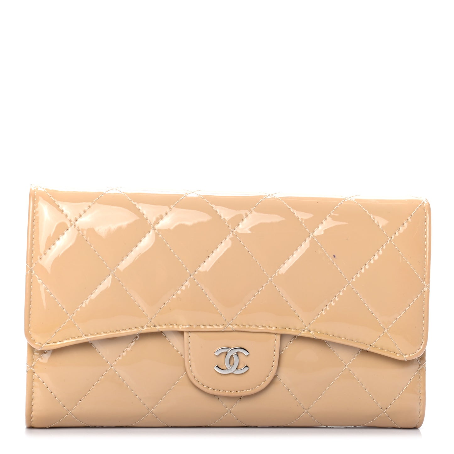 Patent Quilted Large Flap Wallet Beige