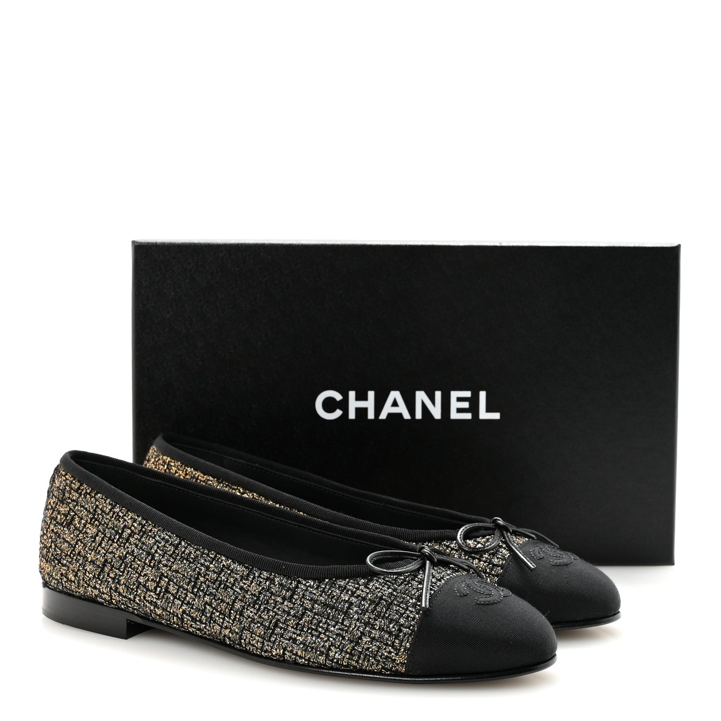 Tweed Grosgrain Cap Toe Ballerina Flats 39 Gold Black