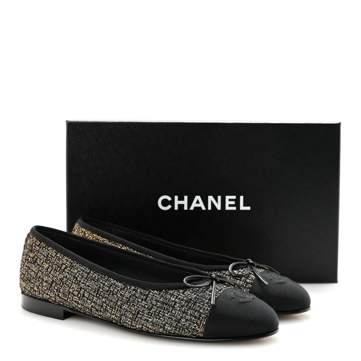 Chanel Tweed Grosgrain Cap Toe Ballerina Flats 39 Gold Black 10 of 10
