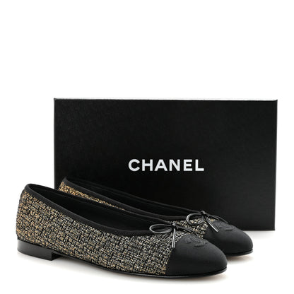 Chanel Tweed Grosgrain Cap Toe Ballerina Flats 39 Gold Black 10 of 10