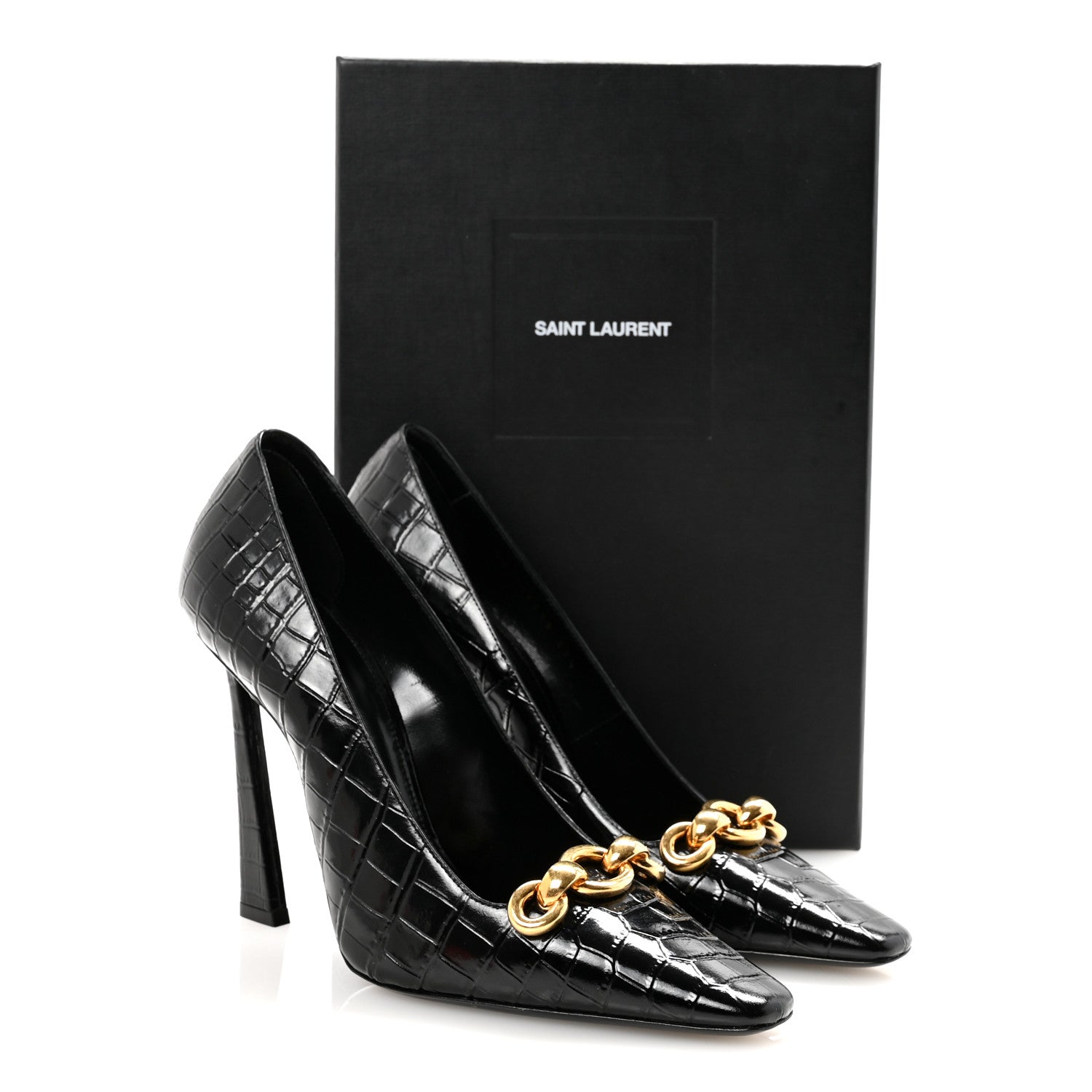 Saint Laurent Calfskin Crocodile Embossed Silvana 110mm Pumps 39.5 Black 10 of 10