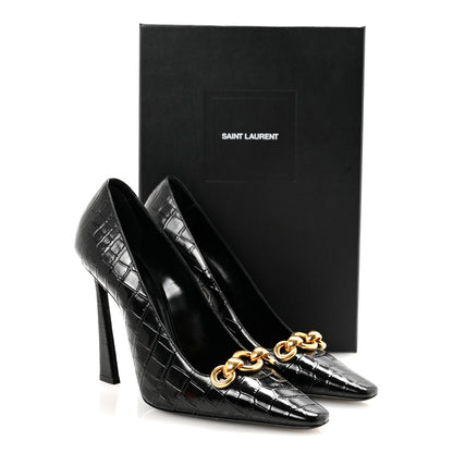 Saint Laurent Calfskin Crocodile Embossed Silvana 110mm Pumps 39.5 Black 10 of 10