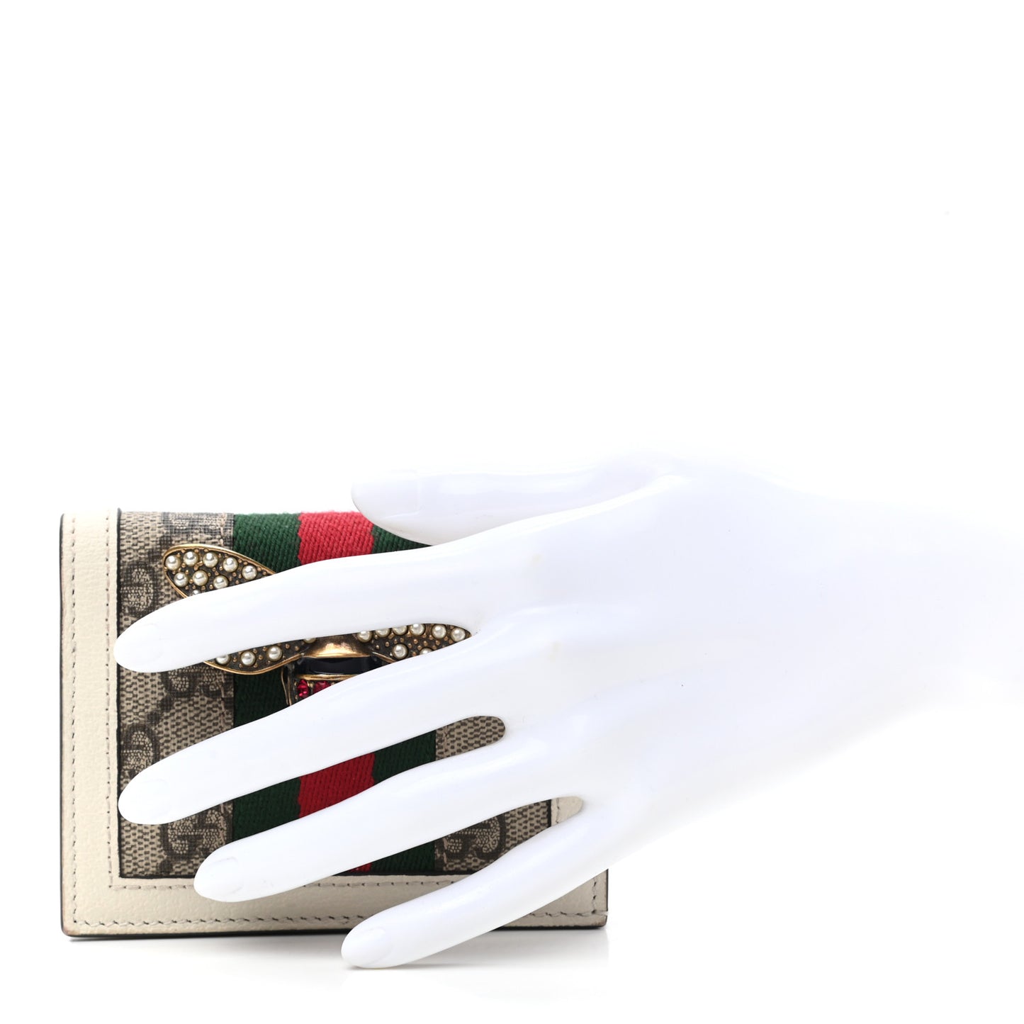GG Supreme Monogram Web Queen Margaret Card Case Wallet Beige Mystic White