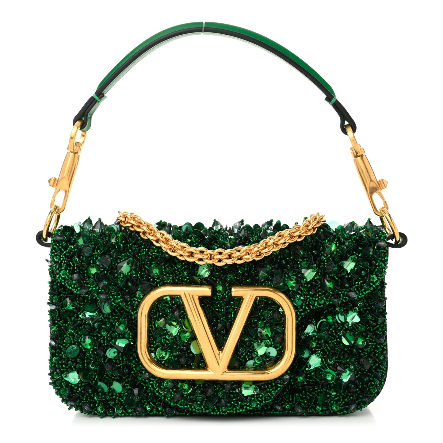 Sequin Crystal Vlogo Embroidered Small Loco Shoulder Bag Green