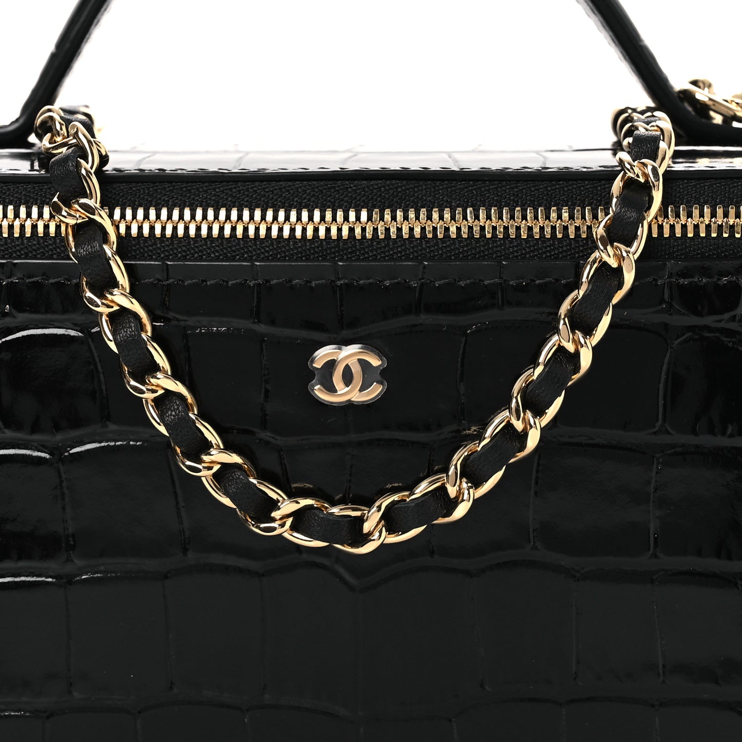 Calfskin Crocodile Embossed Crococo Small Top Handle Vanity Case With Chain Black