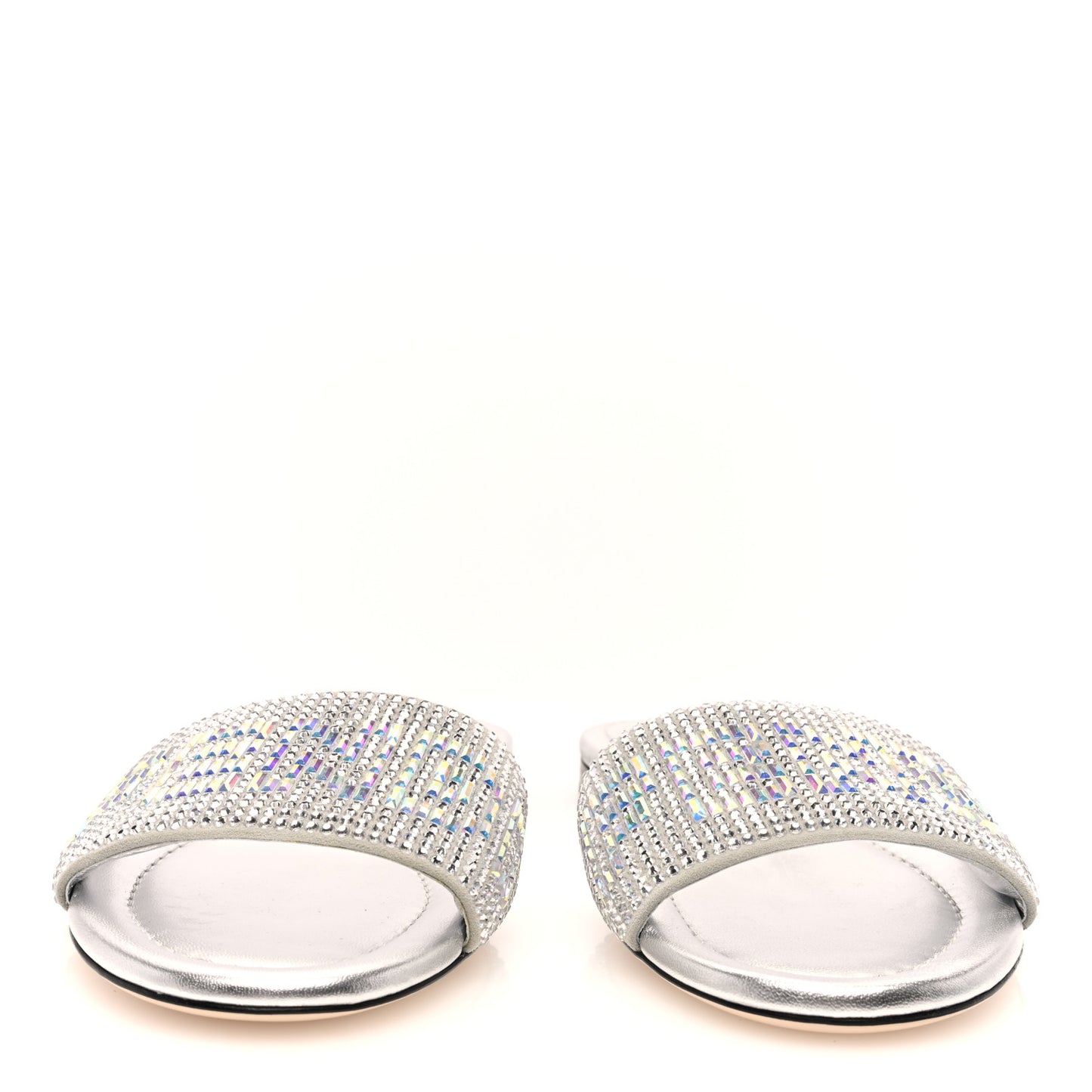 Laminated Goatskin Baguette Crystal Embroidered Signature Flat Slide Sandals 39 Silver