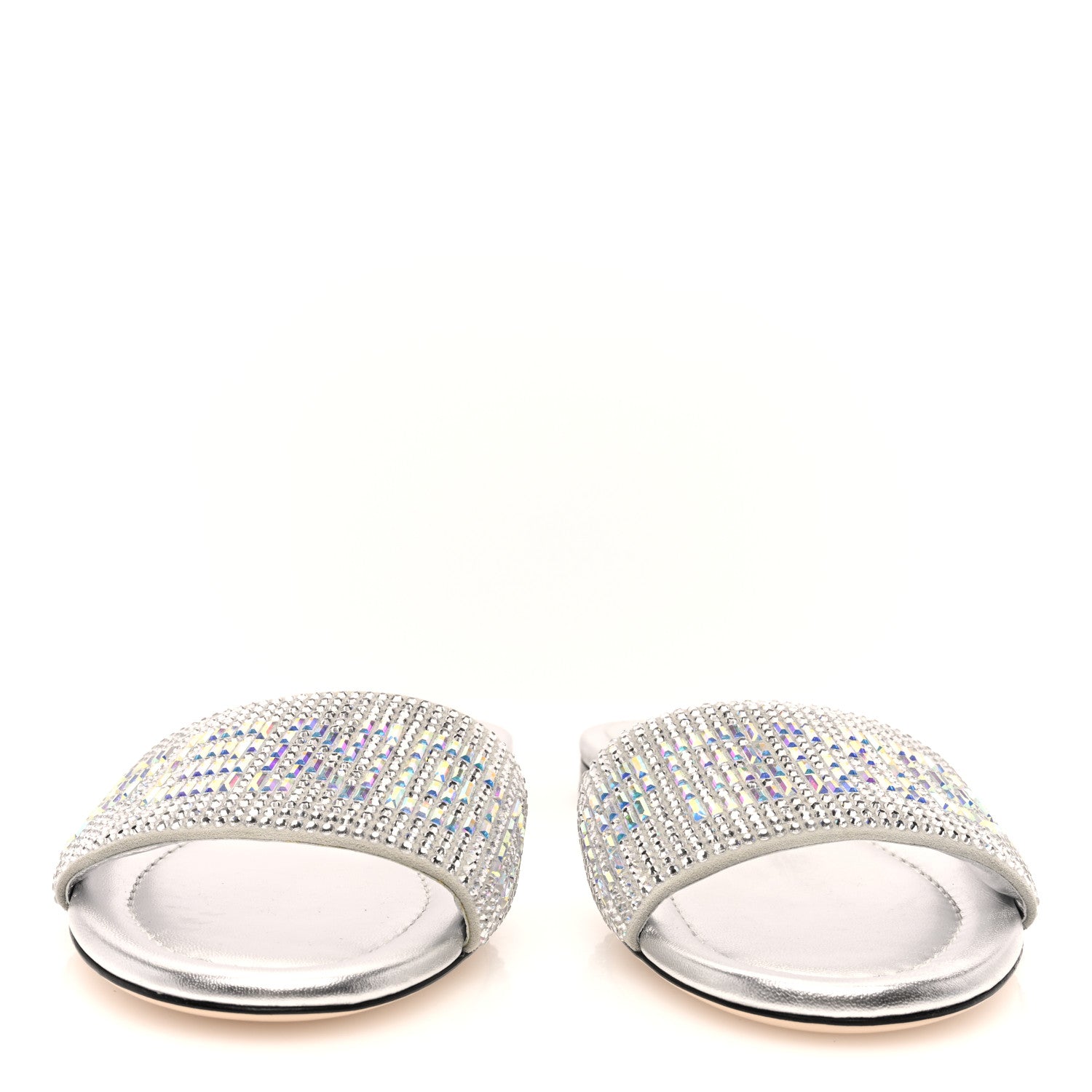 Fendi Laminated Goatskin Baguette Crystal Embroidered Signature Flat Slide Sandals 39 Silver 3 of 6