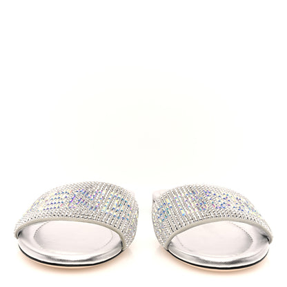 Fendi Laminated Goatskin Baguette Crystal Embroidered Signature Flat Slide Sandals 39 Silver 3 of 6