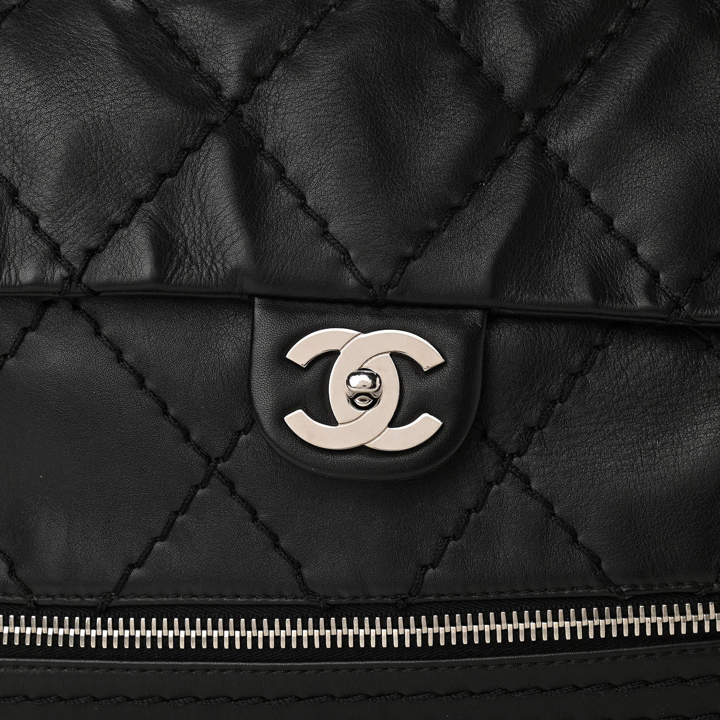 Calfskin Stitched Large Expandable Flap Bag Black