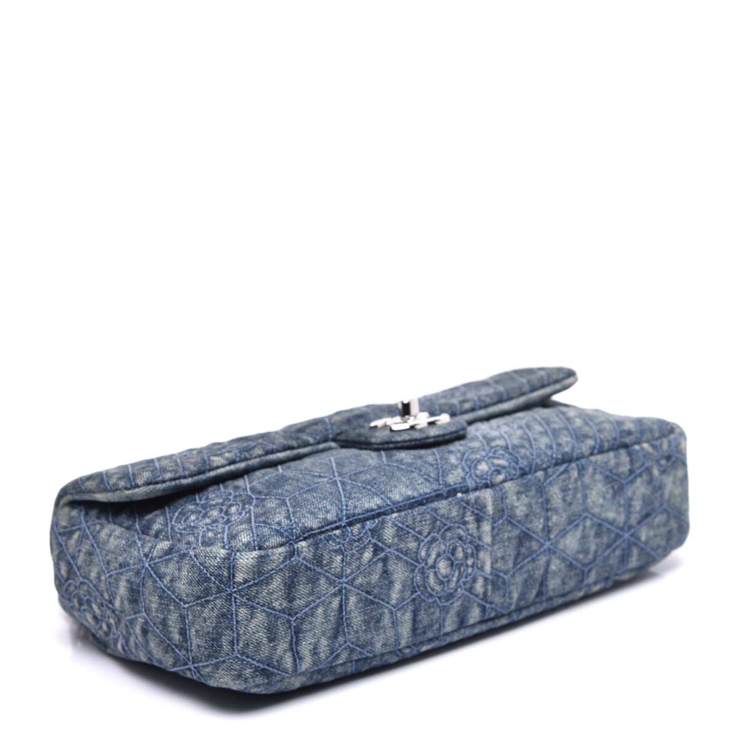 Denim Quilted Camellia Embroidered Medium Flap Blue