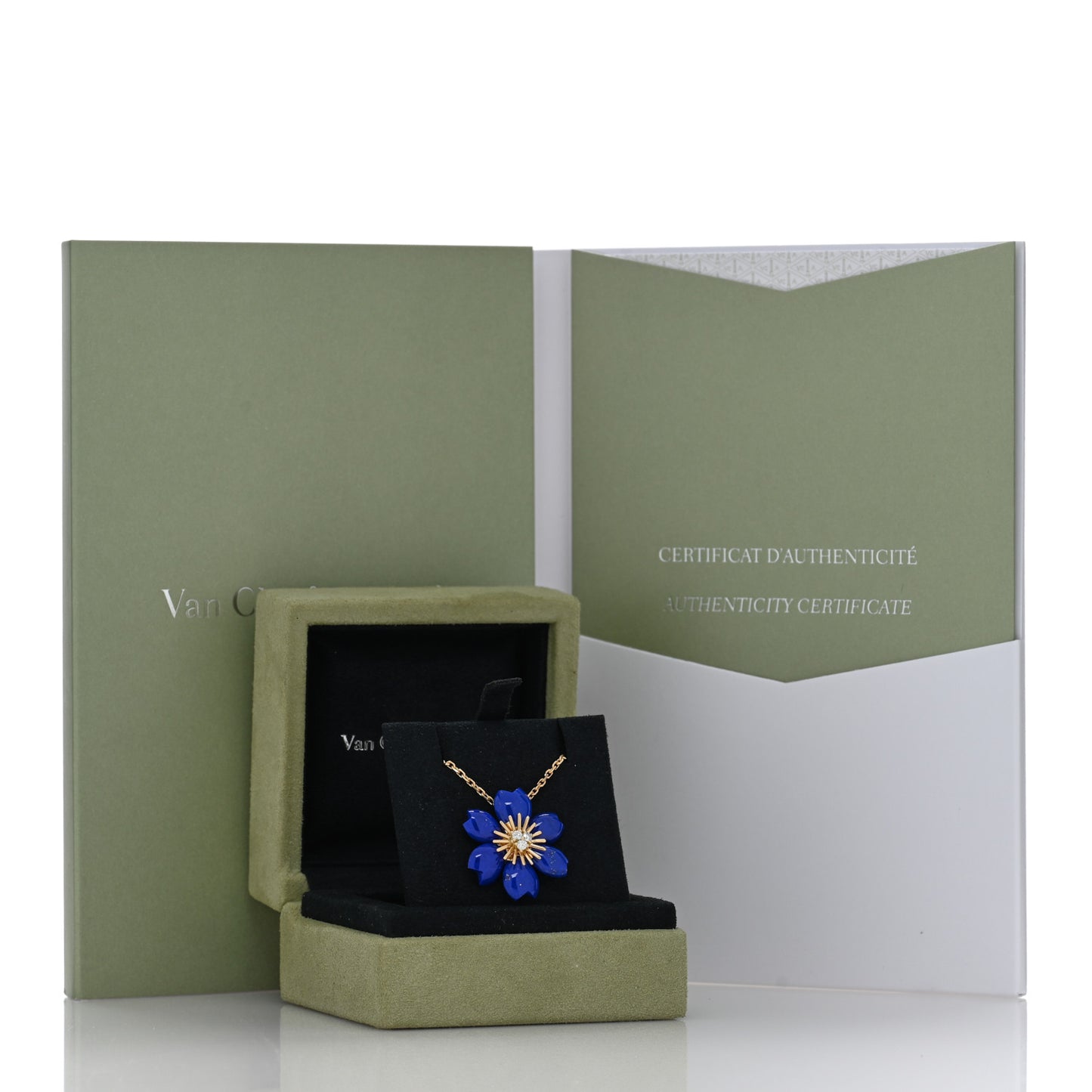 18K Yellow Gold Diamond Lapis Lazuli Mini Rose De Noel Pendant Necklace