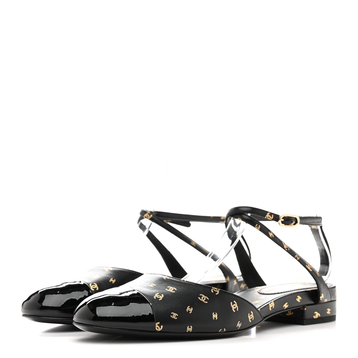Chanel Printed Lambskin Patent Calfskin CC Slingback Flats 38.5 Black Gold 4 of 10
