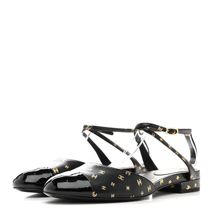 Chanel Printed Lambskin Patent Calfskin CC Slingback Flats 38.5 Black Gold 4 of 10