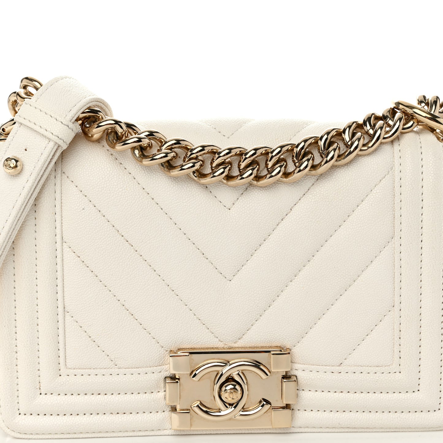Caviar Chevron Quilted Small Boy Flap White