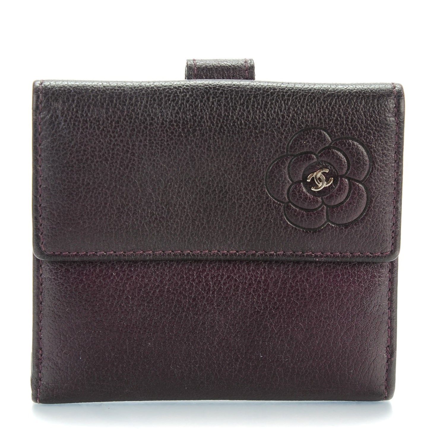 Glazed Goatskin Camellia Embossed French Flap Wallet Purple