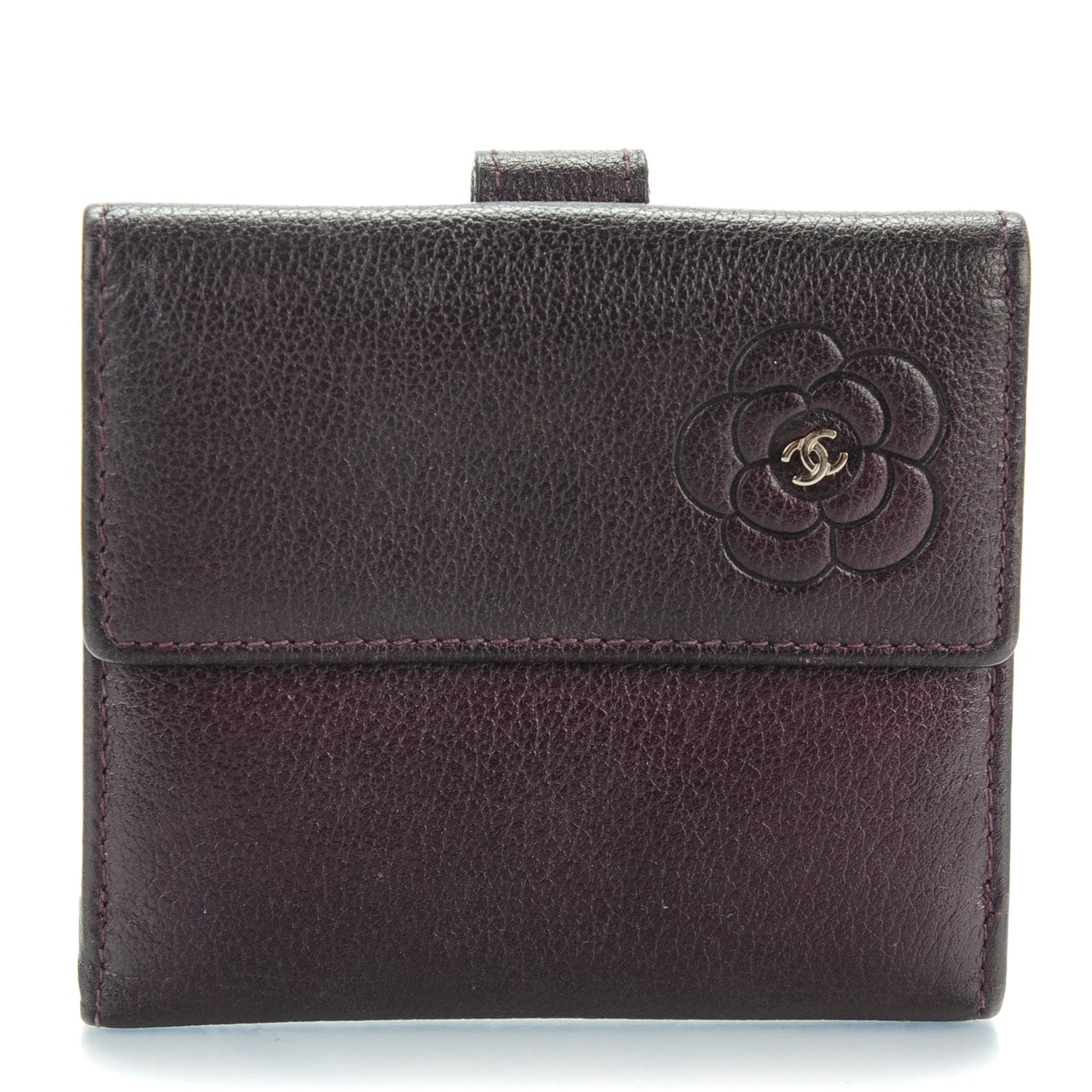 Chanel Glazed Goatskin Camellia Embossed French Flap Wallet Purple 1 of 7