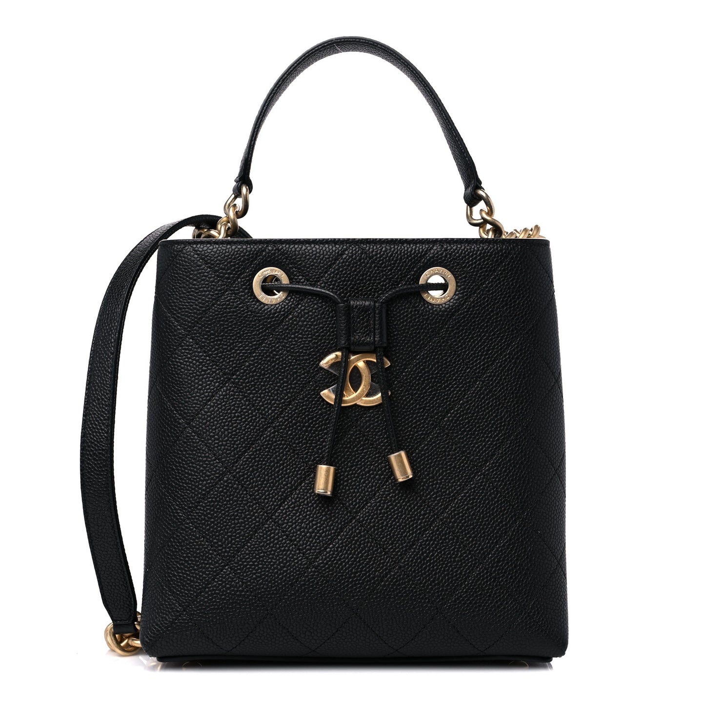 Grained Calfskin Stitched Small Drawstring Bag Black