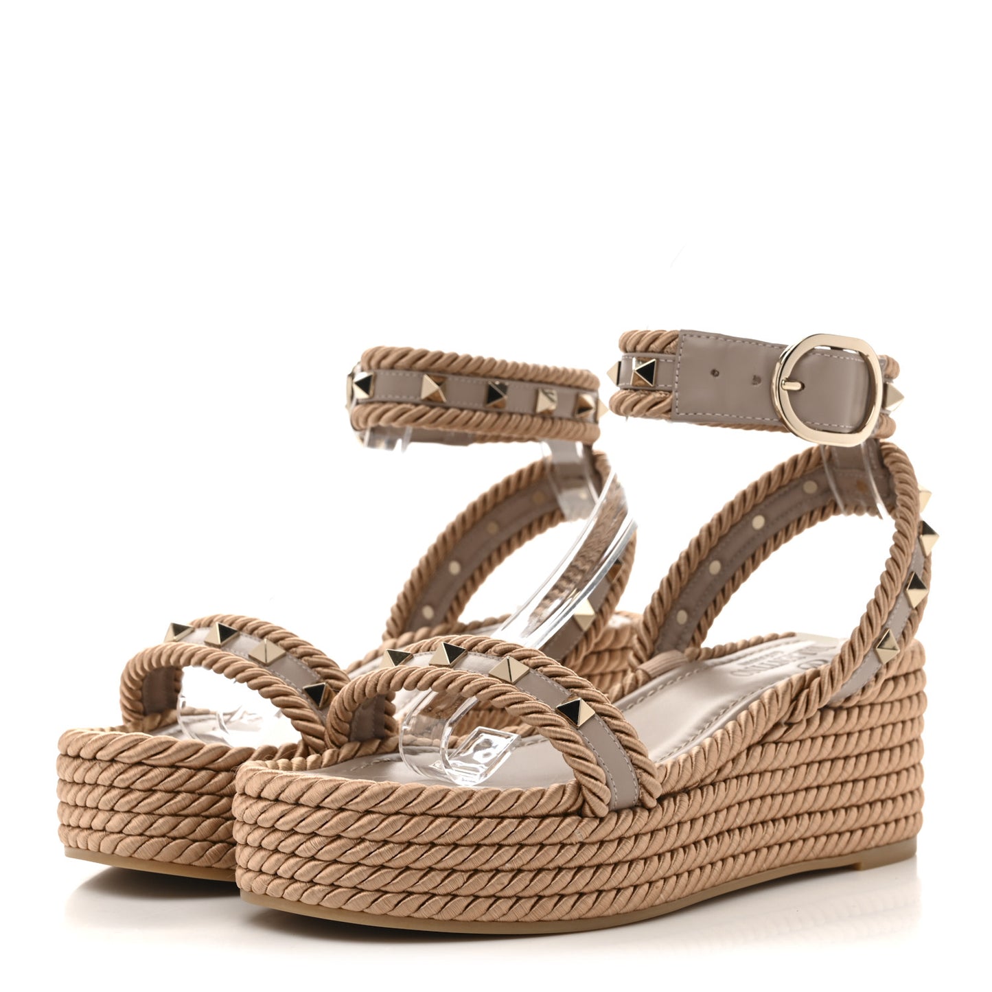 Calfskin Rockstud Rope Espadrille Flatform Sandals  35 Poudre