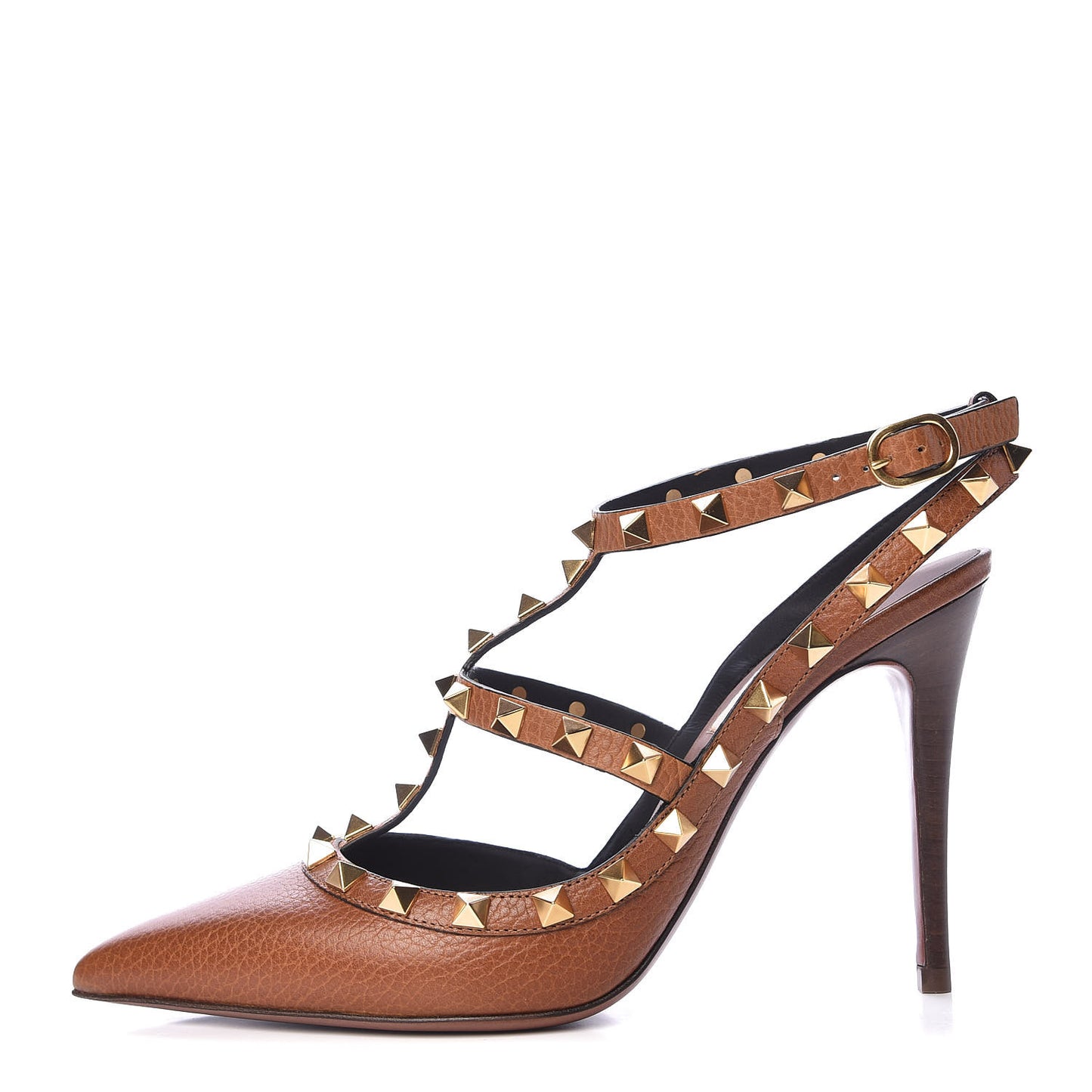 Pebbled Calfskin Rockstud Ankle Strap 100mm Pumps 37.5 Cuoio