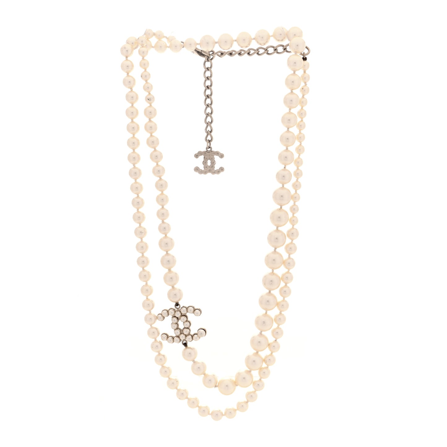 Graduated Pearl Crystal CC Necklace White