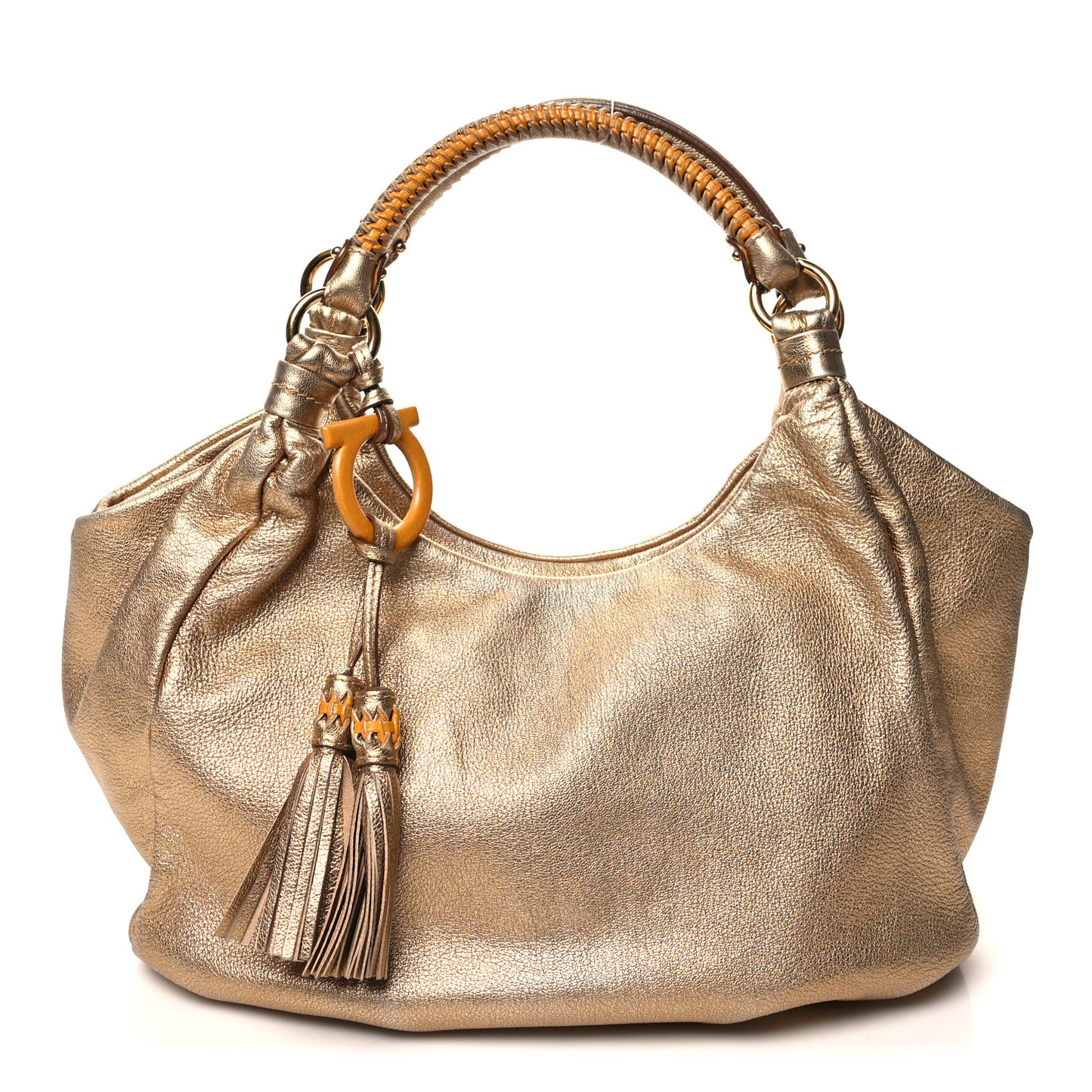 SALVATORE FERRAGAMO Metallic Calfskin Tassel Hobo Gold