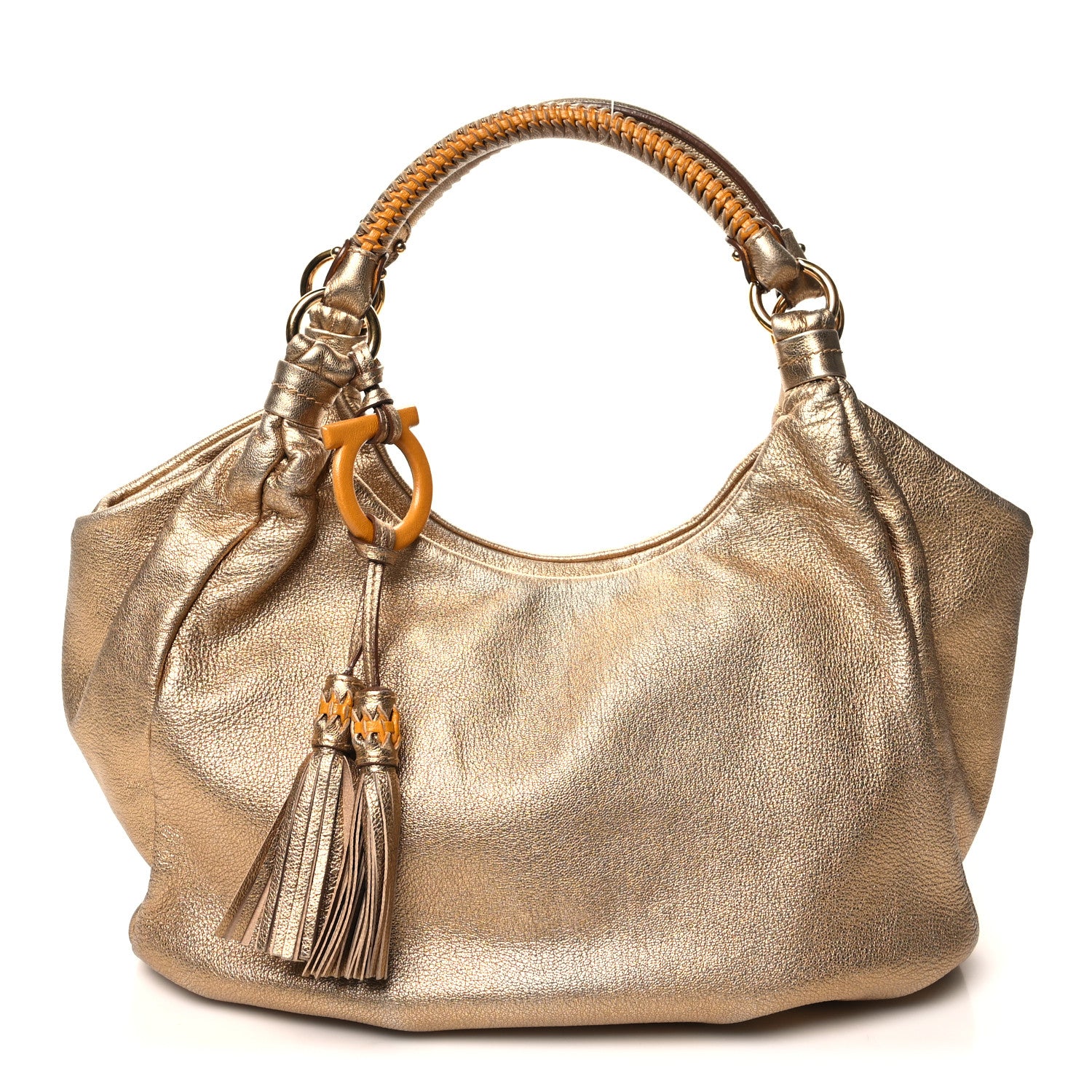 Salvatore Ferragamo SALVATORE FERRAGAMO Metallic Calfskin Tassel Hobo Gold 1 of 12