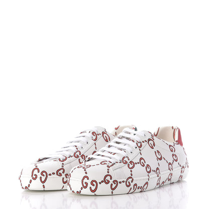 Gucci Calfskin GucciGhost Print Mens Ace Sneakers 9 White Hibiscus Red 2 of 12