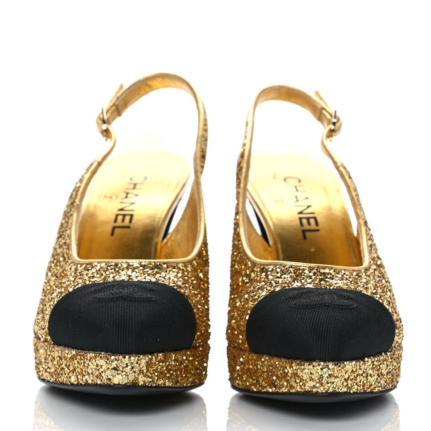 Glitter Grosgrain Cap Toe CC Slingback Pumps 38 Gold Black