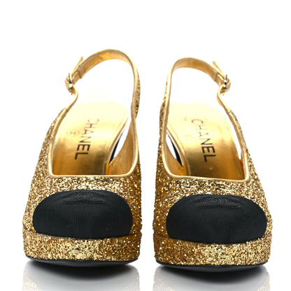 Chanel Glitter Grosgrain Cap Toe CC Slingback Pumps 38 Gold Black 2 of 9