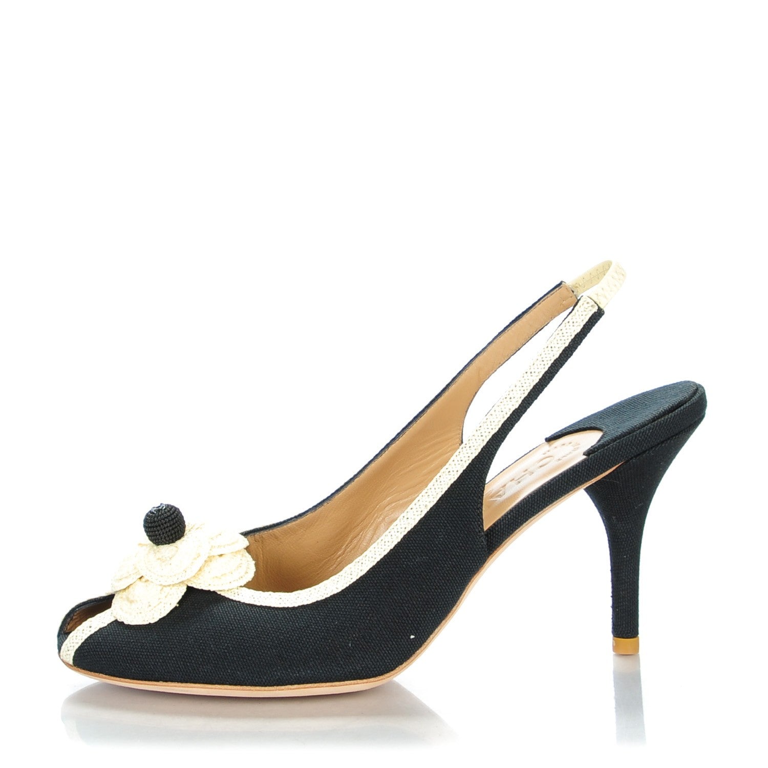 Chanel Canvas Crochet Camellia Peep Toe Pumps 38.5 Black 1 of 7
