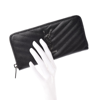 Saint Laurent Grain De Poudre Matelasse Chevron Monogram Zip Around Wallet Black 2 of 7