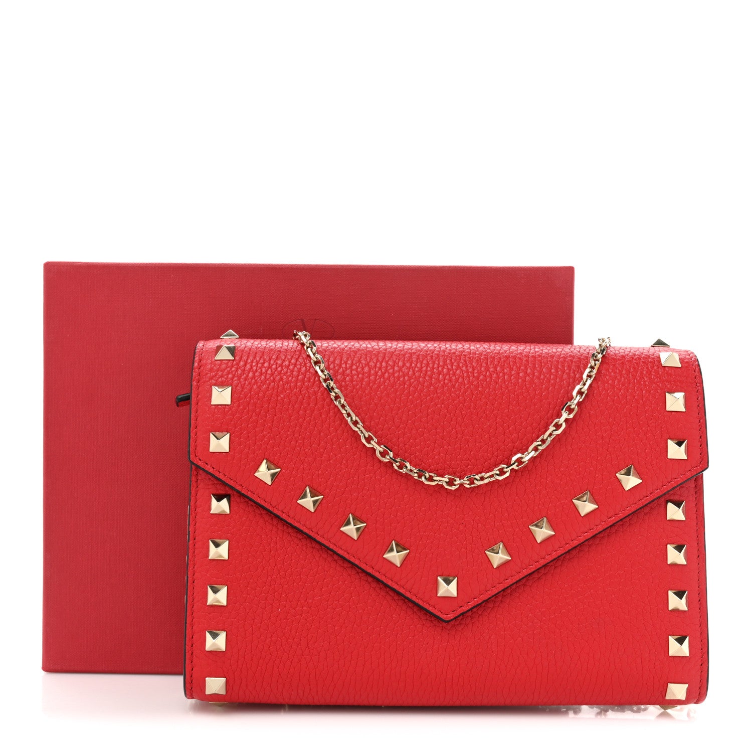 Valentino Garavani Pebbled Calfskin Rockstud Envelope Wallet on Chain Rouge Pur 12 of 12