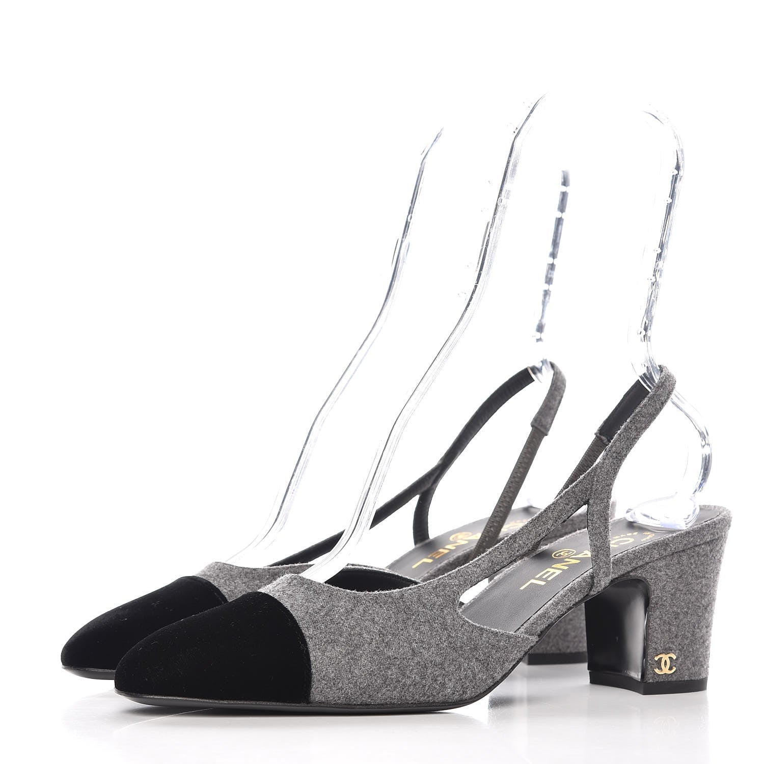 Chanel Wool Velvet Cap Toe CC Slingback Pumps 40 Black Grey 3 of 9