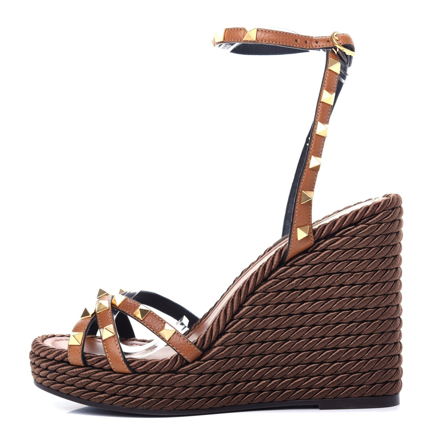 Valentino Garavani Calfskin Rockstud Ankle Strap Torchon Espadrille 25/95mm Wedge Sandals 38 Cuoio 1 of 10