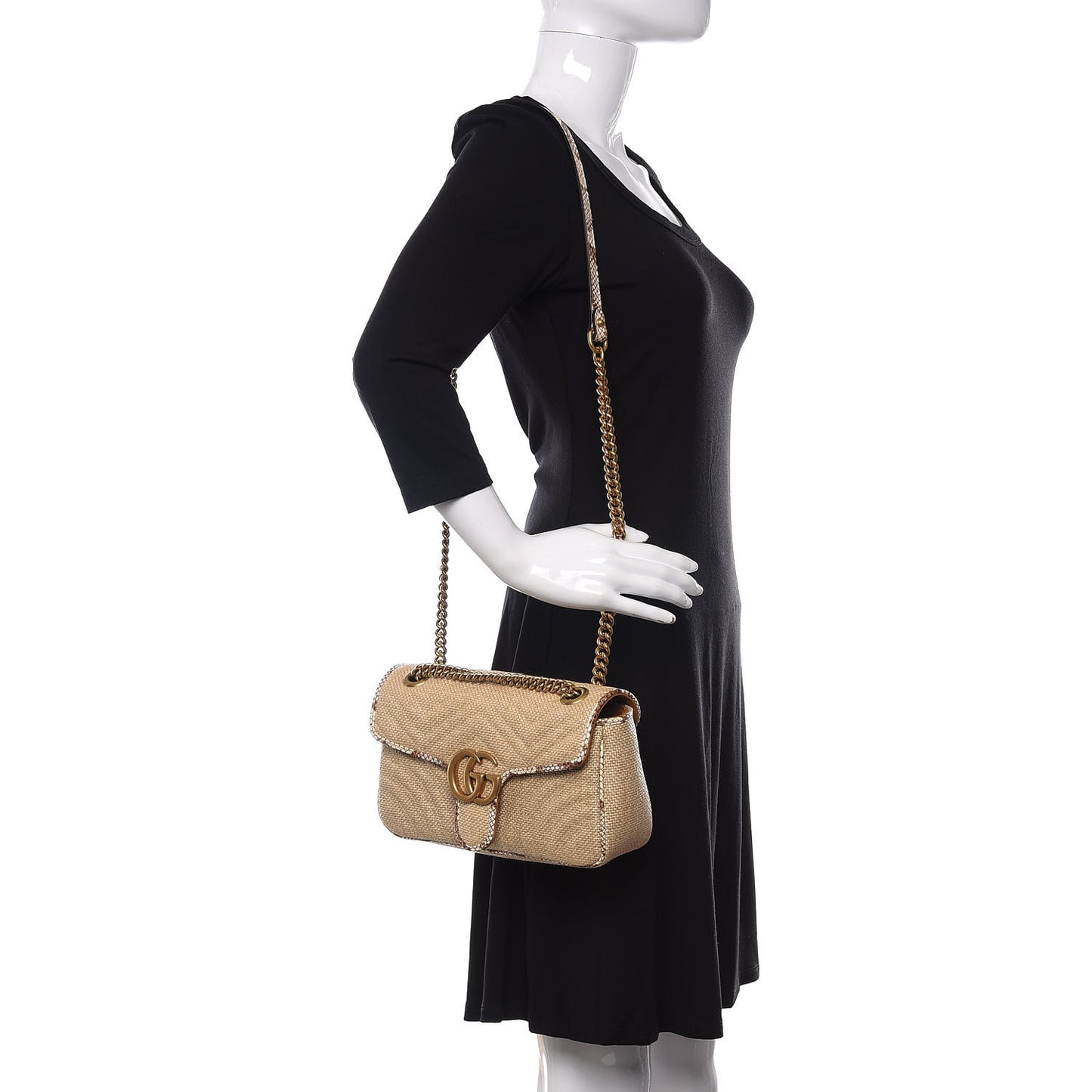 Raffia Elaphe Matelasse Small GG Marmont Shoulder Bag Natural Cream Brown