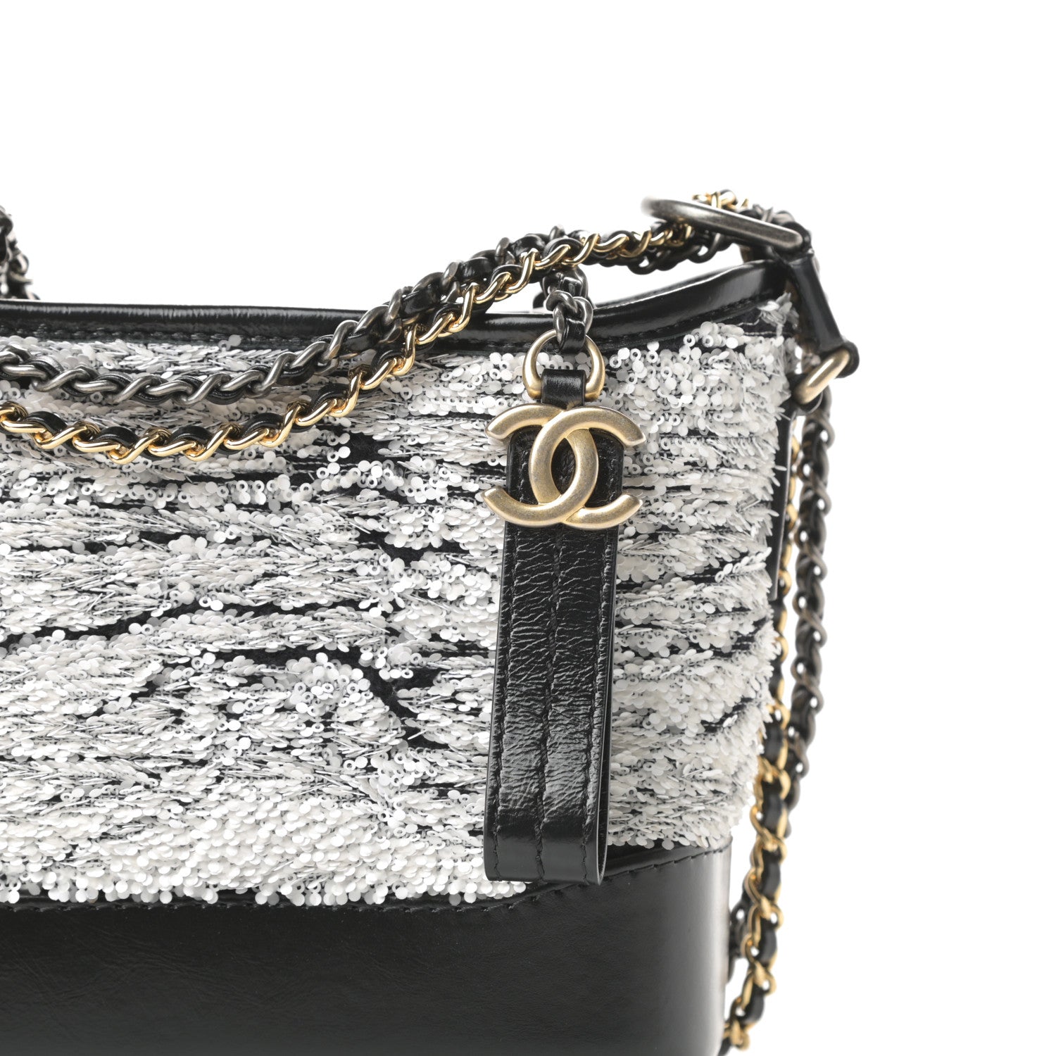 Chanel Sequin Wool Calfskin Small Gabrielle Hobo Black White 8 of 11