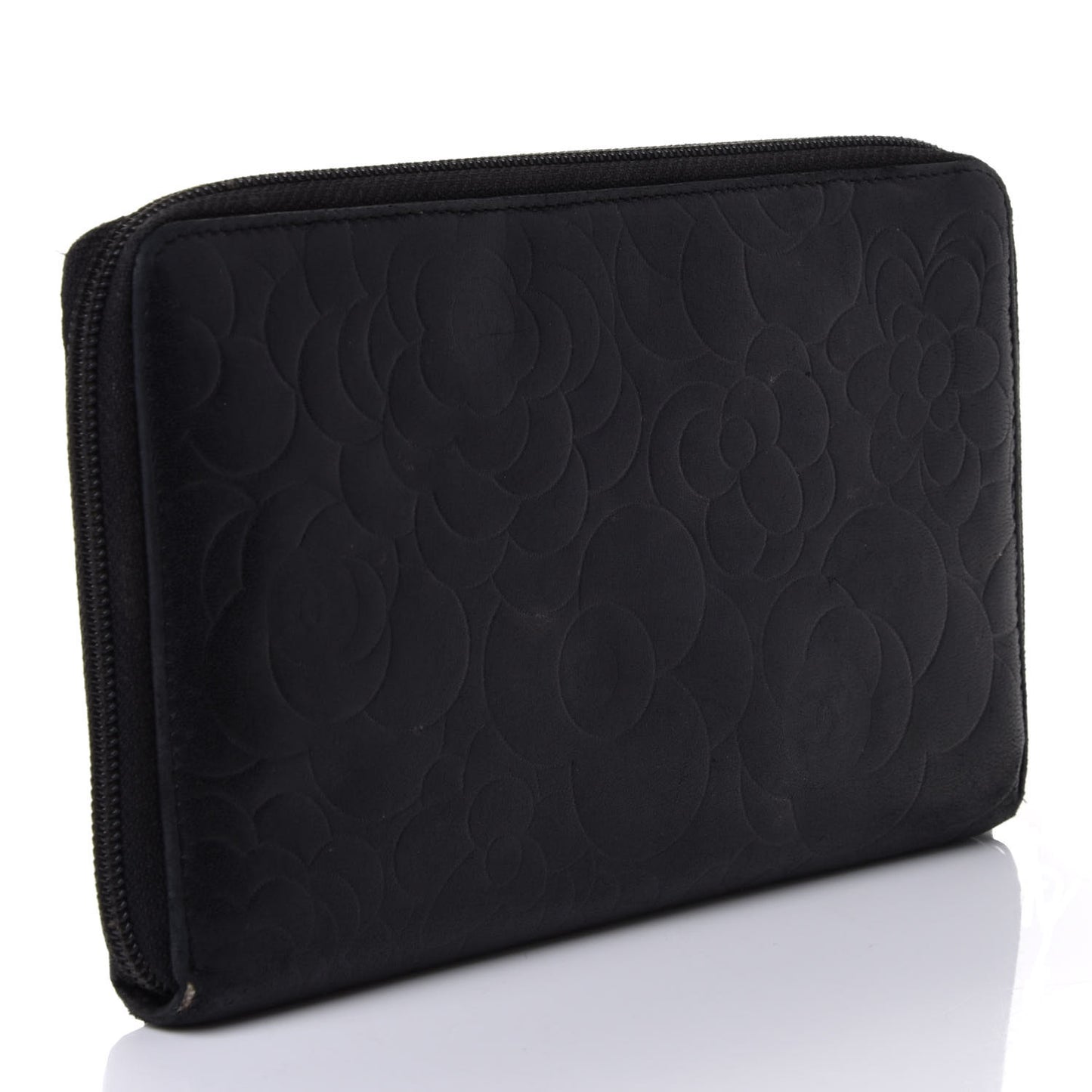 Lambskin Camellia Embossed Zip Around Organizer Wallet Black