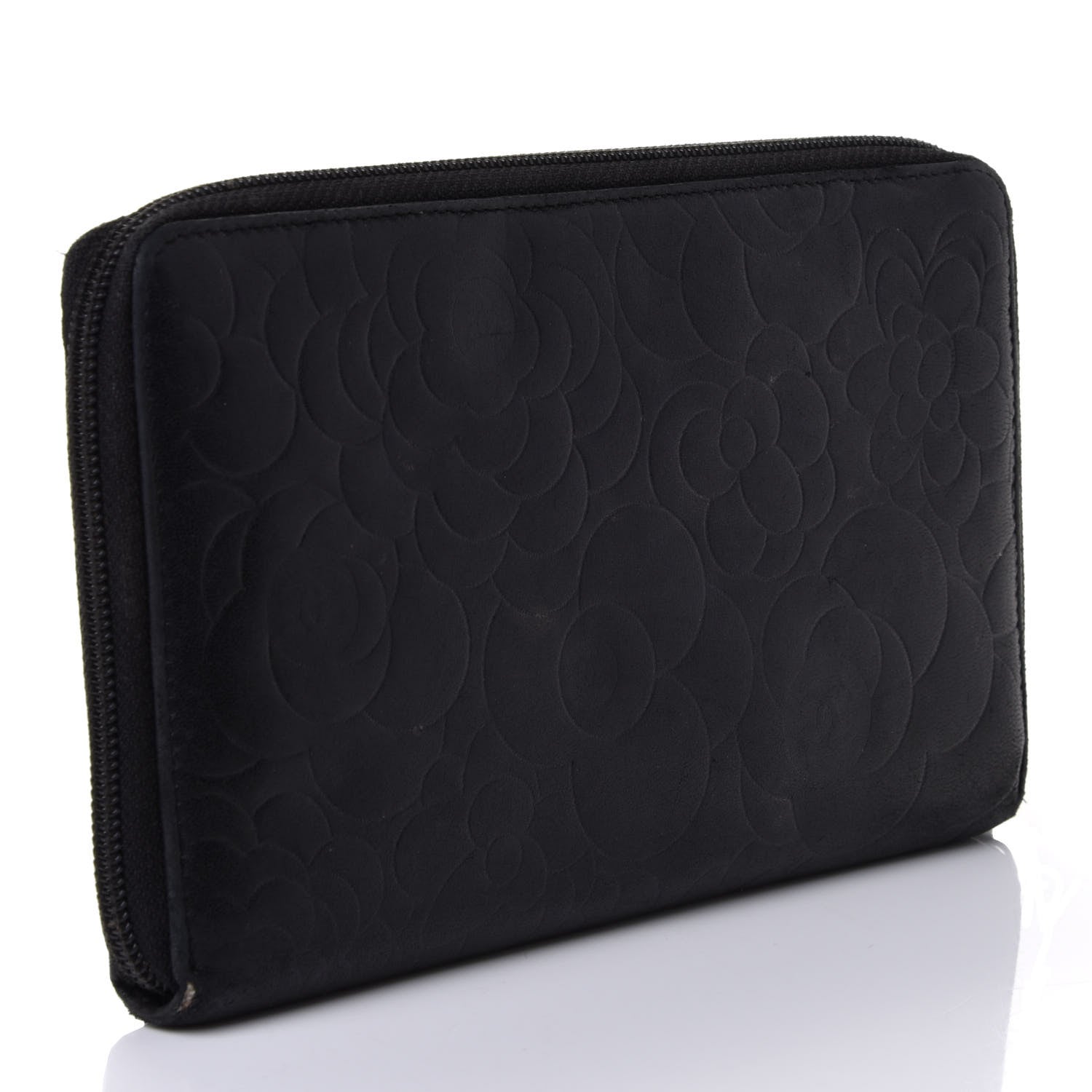 Chanel Lambskin Camellia Embossed Zip Around Organizer Wallet Black 2 of 4
